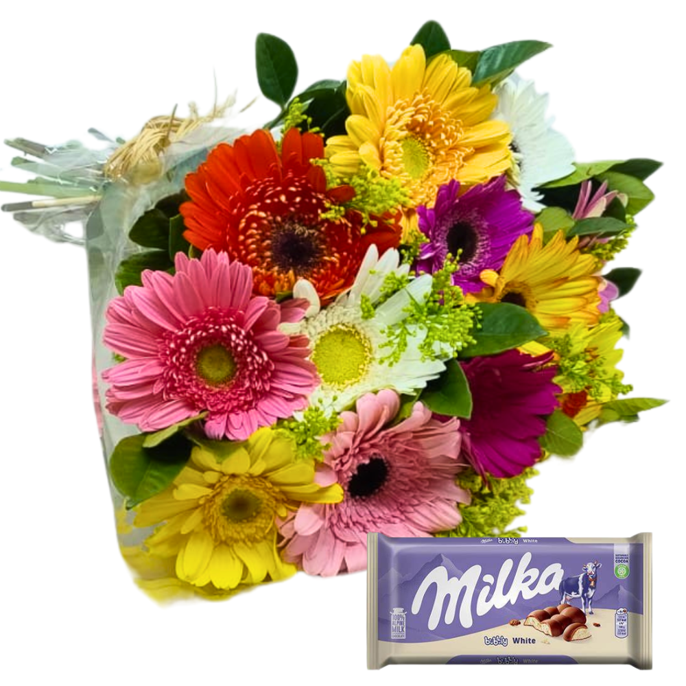 Buqu de 10 Grberas Coloridas com Chocolate Milka