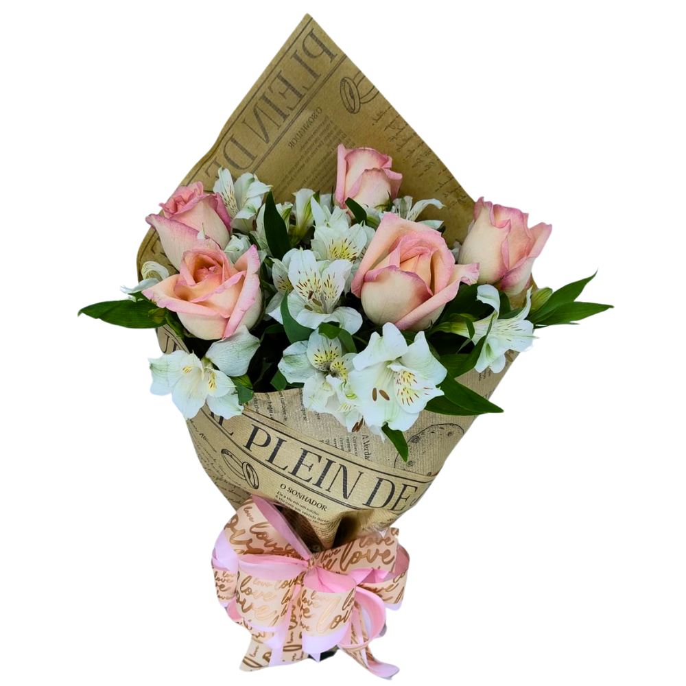 Buqu Delicado de 5 Rosas e Astromlias